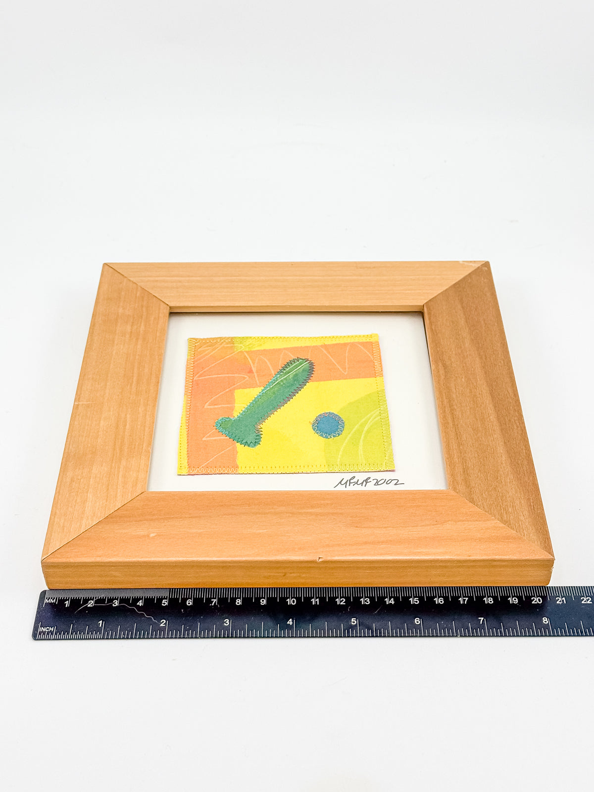 Signed Framed Textile Art with Yellow and Orange Fabric Appliqué, Abstract Folk Art Quilt Square