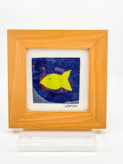 Signed Framed Fish Textile Art with Yellow Fabric Appliqué, Folk Art Quilt Square for Coastal Decor