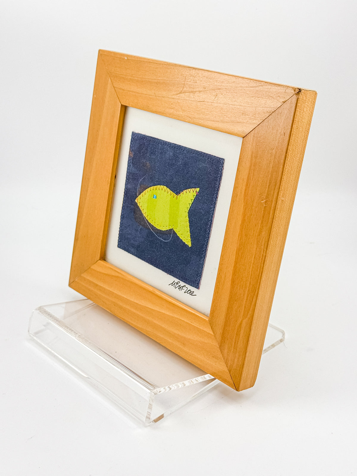 Signed Framed Fish Textile Art with Yellow Fabric Appliqué, Folk Art Quilt Square for Coastal Decor
