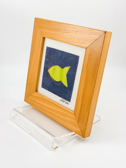 Signed Framed Fish Textile Art with Yellow Fabric Appliqué, Folk Art Quilt Square for Coastal Decor