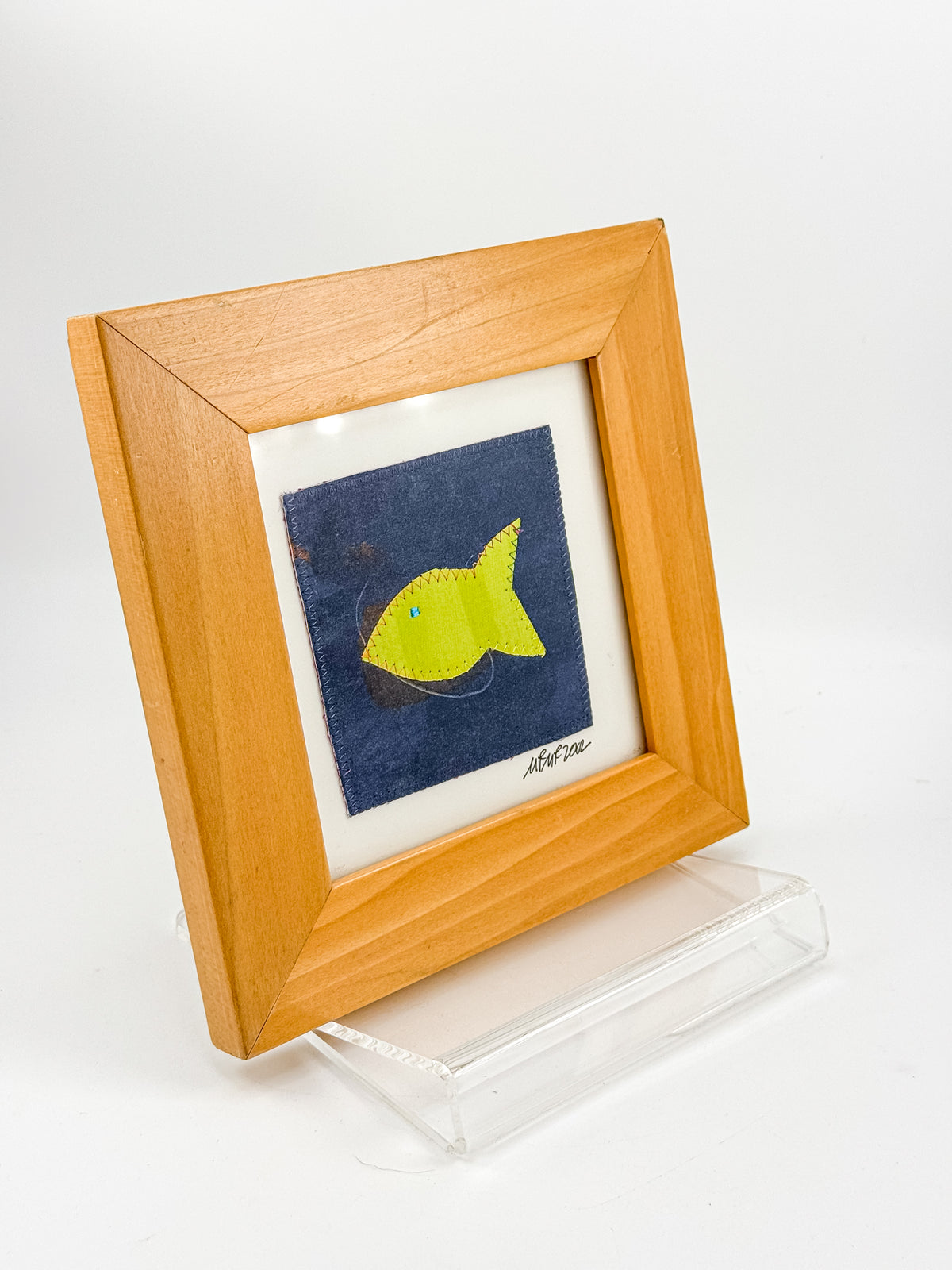Signed Framed Fish Textile Art with Yellow Fabric Appliqué, Folk Art Quilt Square for Coastal Decor