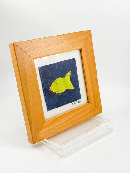 Signed Framed Fish Textile Art with Yellow Fabric Appliqué, Folk Art Quilt Square for Coastal Decor