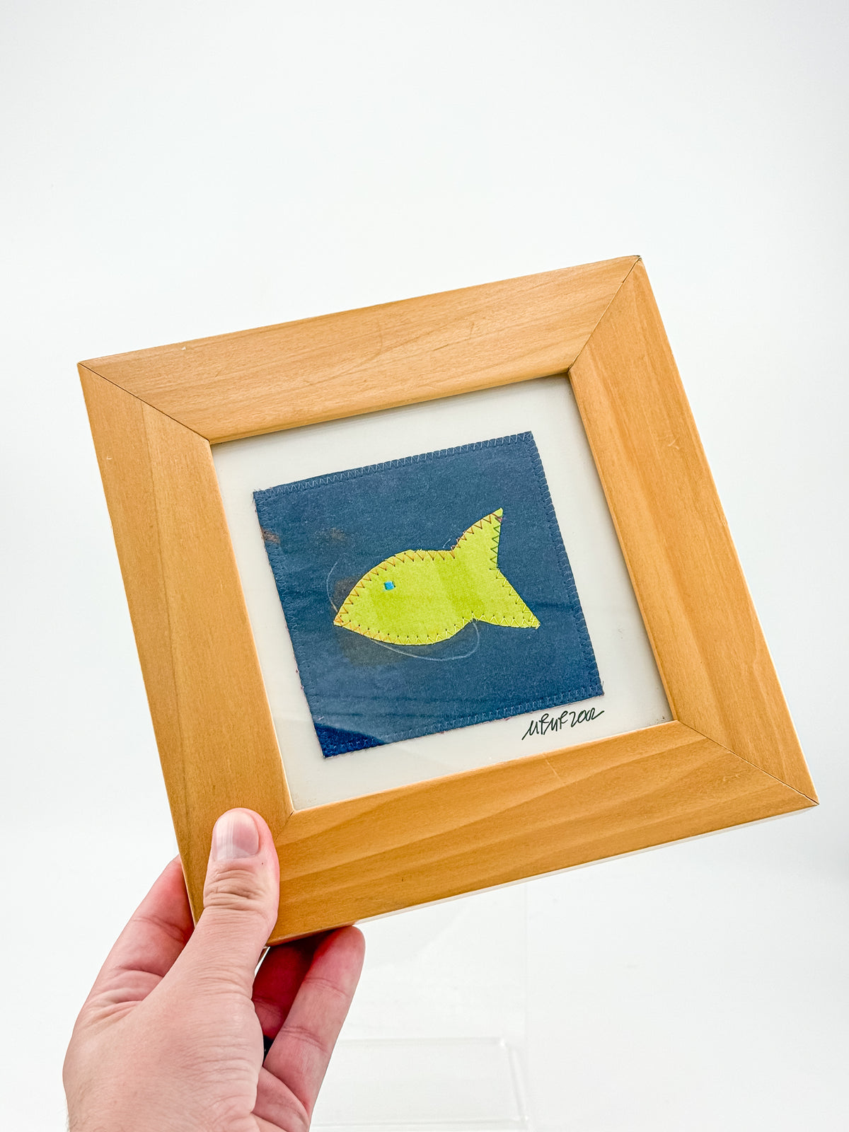 Signed Framed Fish Textile Art with Yellow Fabric Appliqué, Folk Art Quilt Square for Coastal Decor