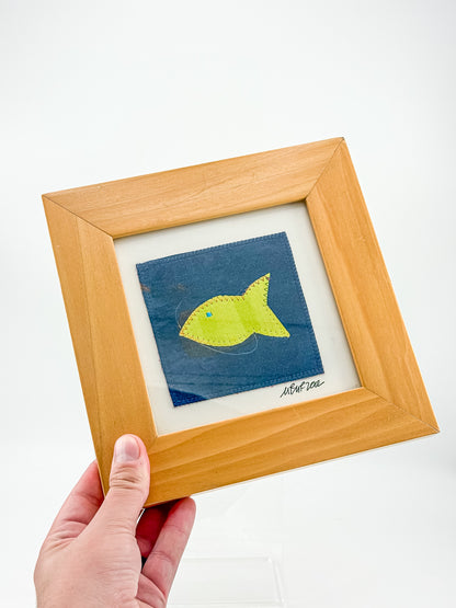 Signed Framed Fish Textile Art with Yellow Fabric Appliqué, Folk Art Quilt Square for Coastal Decor