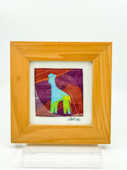 Signed Framed Animal Textile Art with Colorful Fabric Appliqué, Folk Art Quilt Square in a Wood Frame