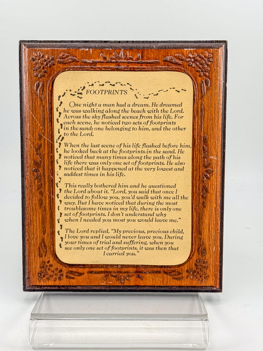 Vintage Wooden Footprints Poem Wall Plaque with Floral Border, Christian Decor Labeled Fish Enterprises