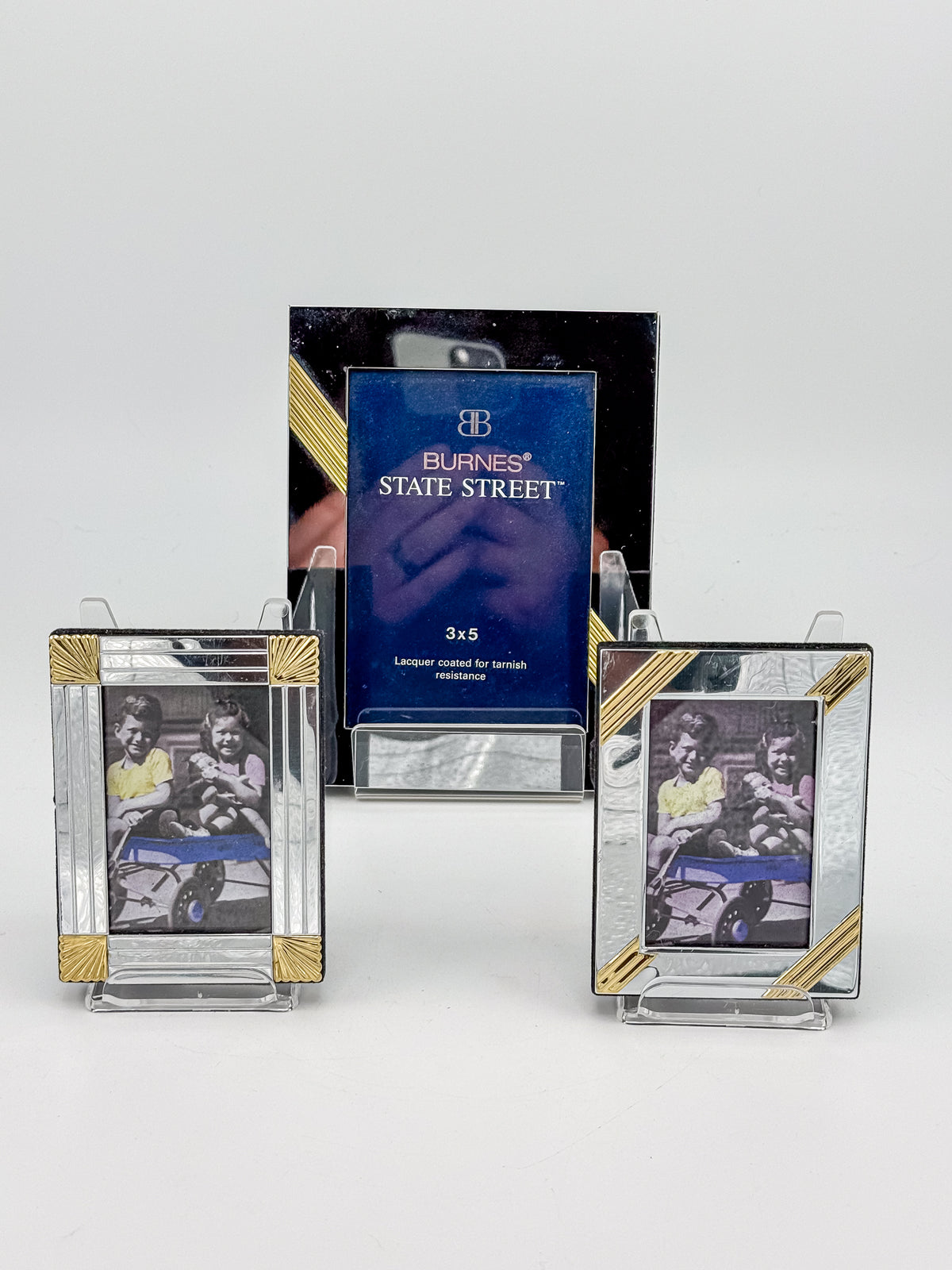 Silver-Tone and Gold-Tone Metal Picture Frames with Geometric Accents, Set of Three in Two Sizes