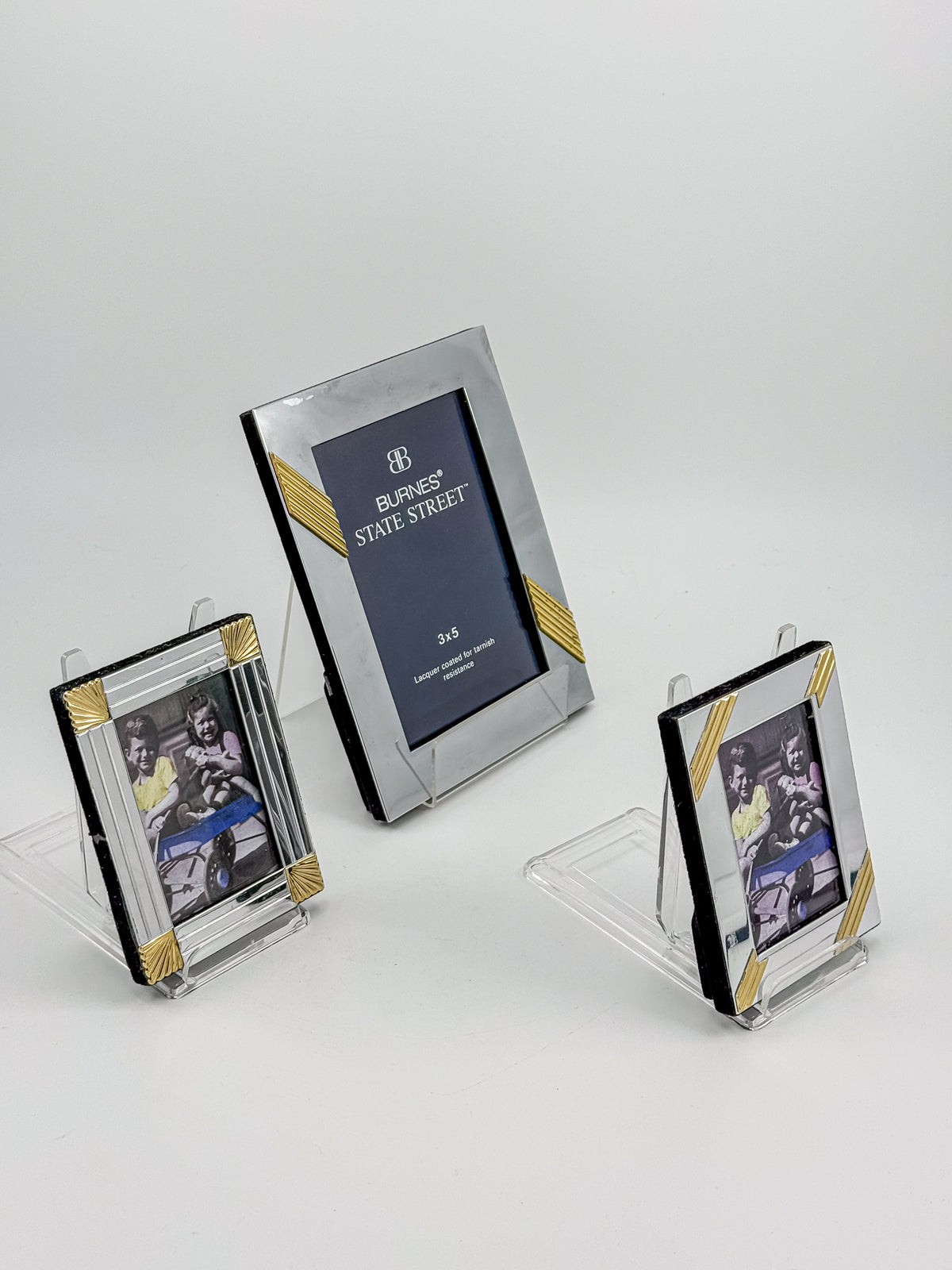 Silver-Tone and Gold-Tone Metal Picture Frames with Geometric Accents, Set of Three in Two Sizes