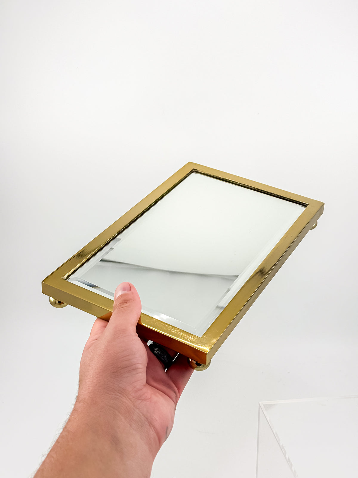 Vintage West Emory Rectangular Brass Mirrored Vanity Tray with Ball Feet
