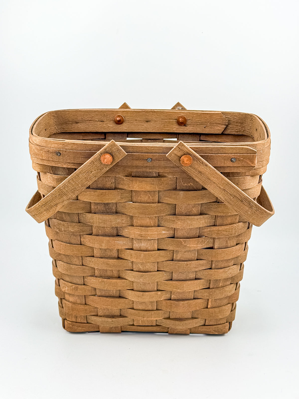 Longaberger Handwoven Wood Splint Basket with Two Swing Handles, Tall Rectangular Rustic Cottage Storage