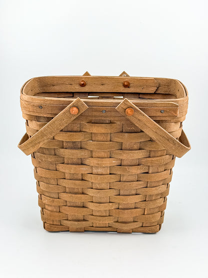 Longaberger Handwoven Wood Splint Basket with Two Swing Handles, Tall Rectangular Rustic Cottage Storage