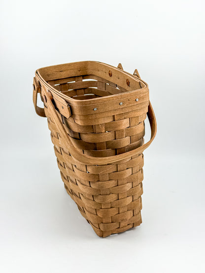 Longaberger Handwoven Wood Splint Basket with Two Swing Handles, Tall Rectangular Rustic Cottage Storage