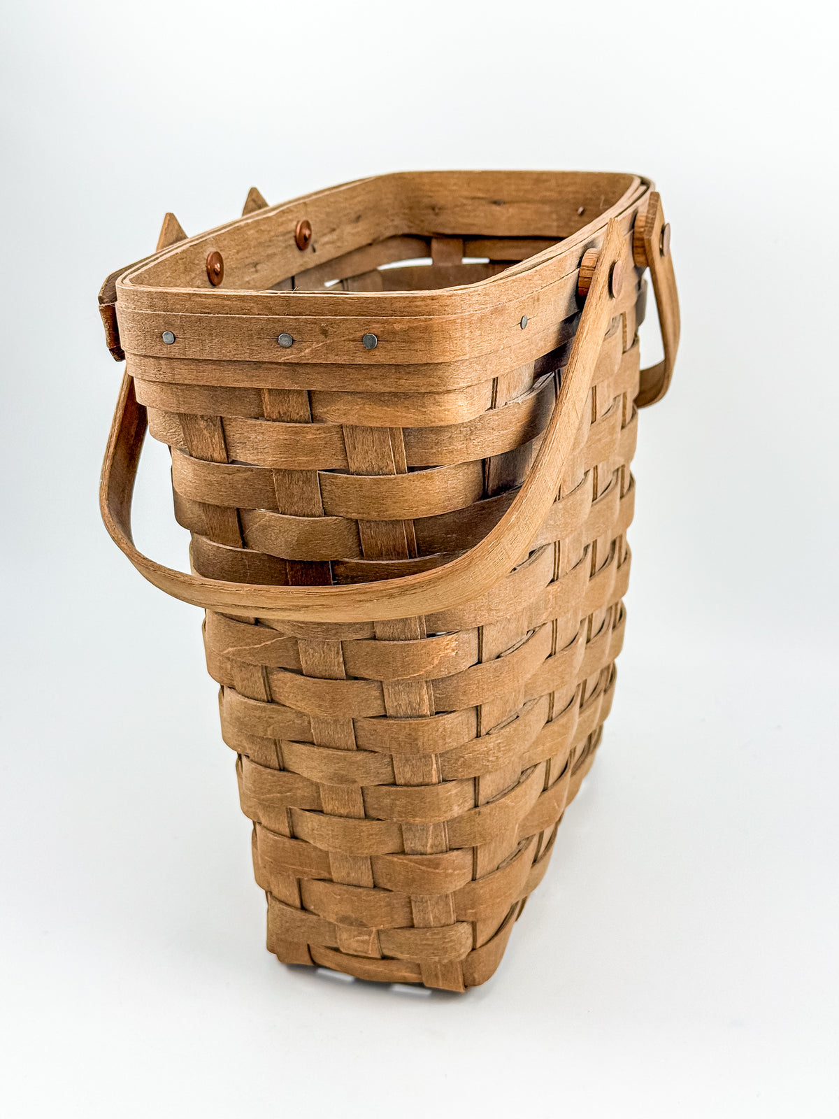 Longaberger Handwoven Wood Splint Basket with Two Swing Handles, Tall Rectangular Rustic Cottage Storage