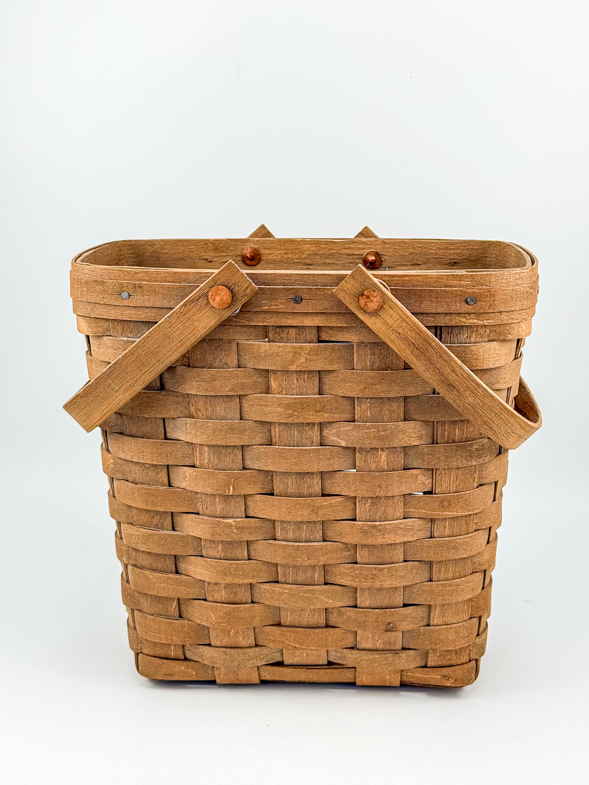 Longaberger Handwoven Wood Splint Basket with Two Swing Handles, Tall Rectangular Rustic Cottage Storage