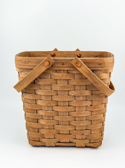 Longaberger Handwoven Wood Splint Basket with Two Swing Handles, Tall Rectangular Rustic Cottage Storage
