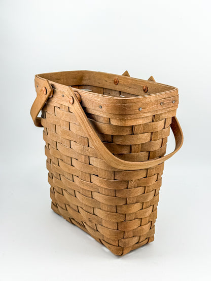 Longaberger Handwoven Wood Splint Basket with Two Swing Handles, Tall Rectangular Rustic Cottage Storage