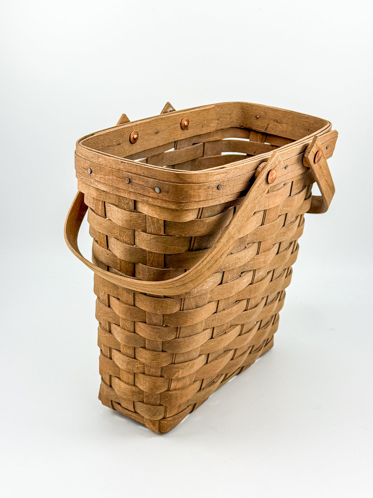 Longaberger Handwoven Wood Splint Basket with Two Swing Handles, Tall Rectangular Rustic Cottage Storage