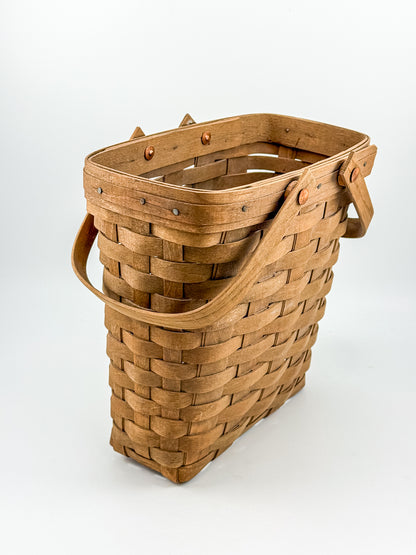 Longaberger Handwoven Wood Splint Basket with Two Swing Handles, Tall Rectangular Rustic Cottage Storage