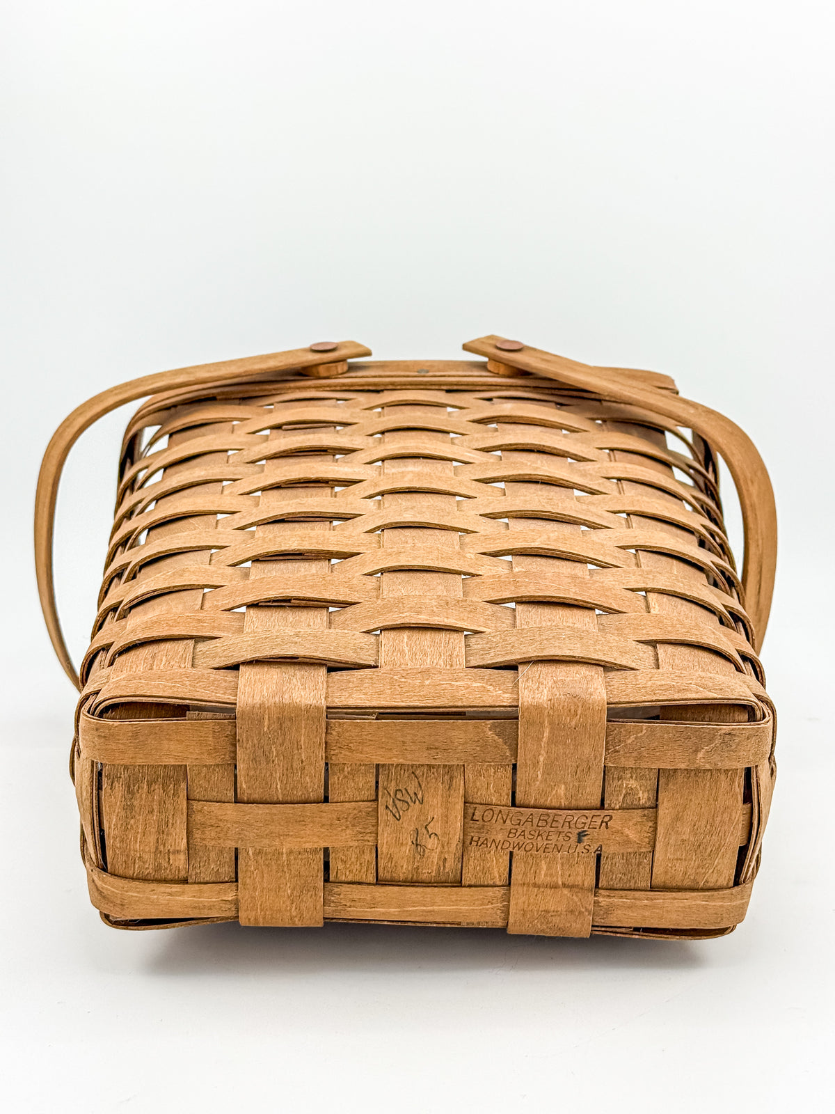 Longaberger Handwoven Wood Splint Basket with Two Swing Handles, Tall Rectangular Rustic Cottage Storage