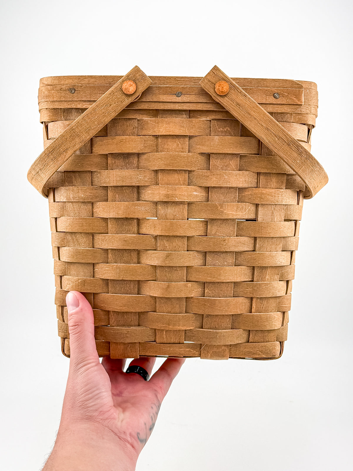 Longaberger Handwoven Wood Splint Basket with Two Swing Handles, Tall Rectangular Rustic Cottage Storage