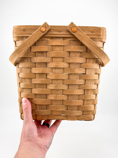 Longaberger Handwoven Wood Splint Basket with Two Swing Handles, Tall Rectangular Rustic Cottage Storage
