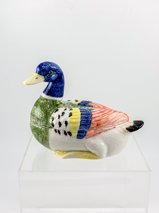 Colorful Ceramic Duck Trinket Box with Removable Lid and Raised Feather Detail for Cottagecore Decor