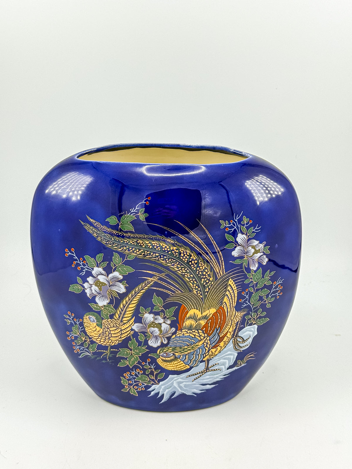Cobalt Blue Ceramic Vase with Colorful Pheasant Birds and Flowers, Flattened Oval Chinoiserie-Inspired Decor