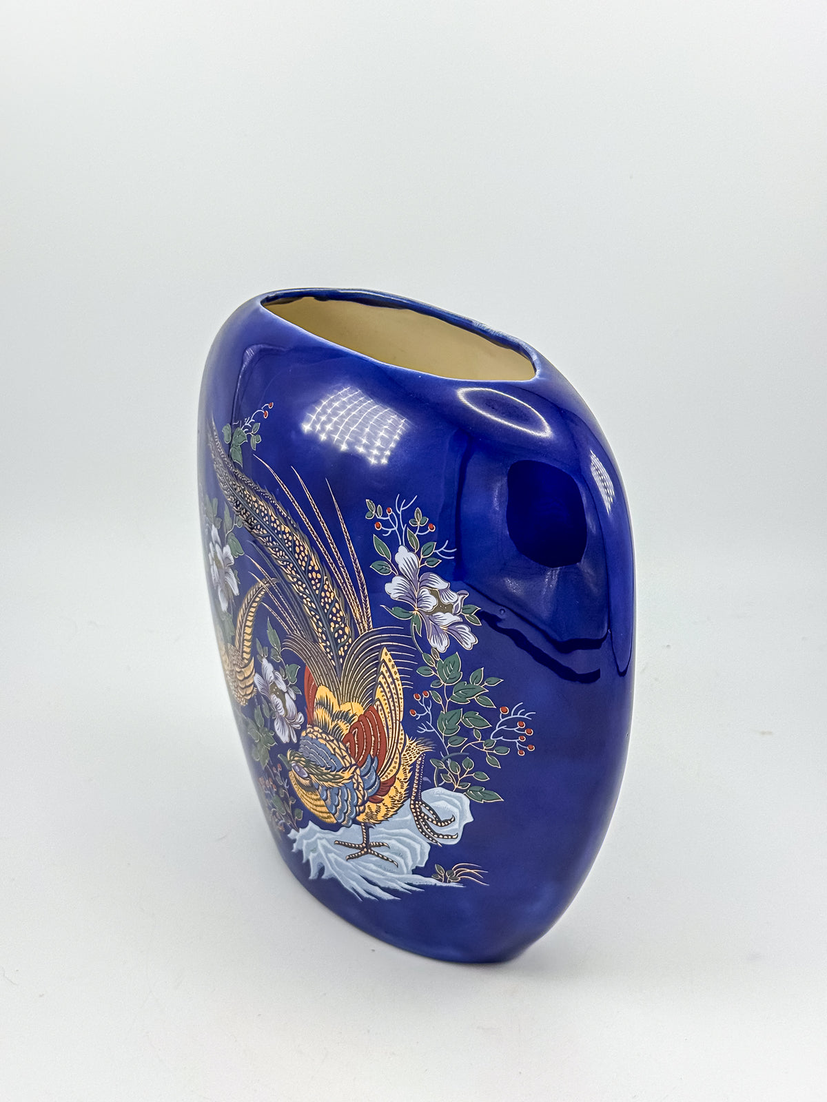 Cobalt Blue Ceramic Vase with Colorful Pheasant Birds and Flowers, Flattened Oval Chinoiserie-Inspired Decor