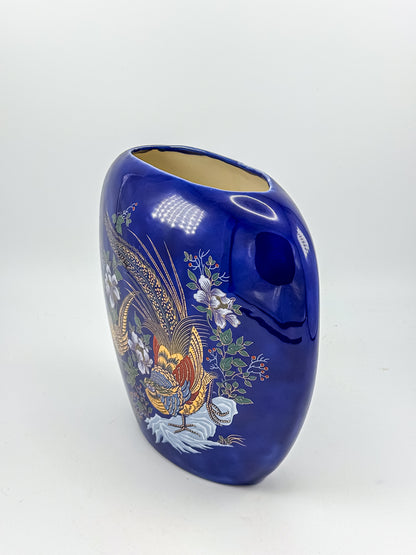 Cobalt Blue Ceramic Vase with Colorful Pheasant Birds and Flowers, Flattened Oval Chinoiserie-Inspired Decor