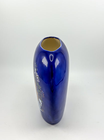 Cobalt Blue Ceramic Vase with Colorful Pheasant Birds and Flowers, Flattened Oval Chinoiserie-Inspired Decor