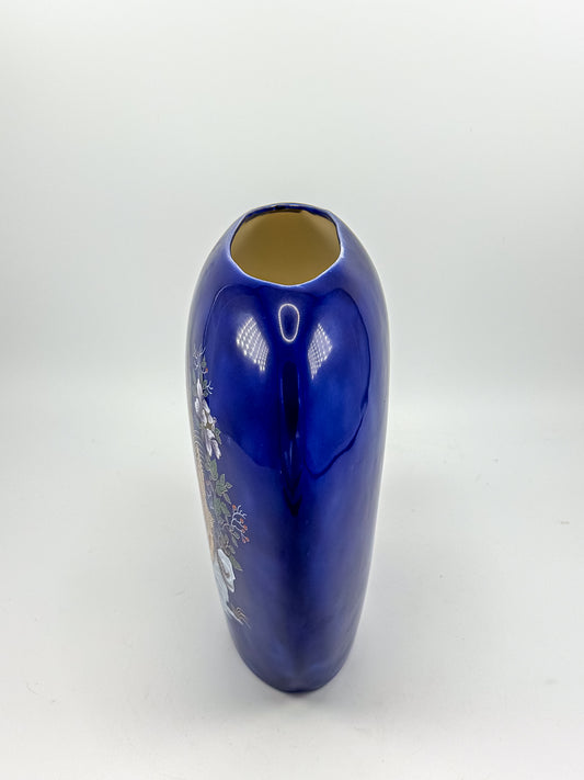 Cobalt Blue Ceramic Vase with Colorful Pheasant Birds and Flowers, Flattened Oval Chinoiserie-Inspired Decor