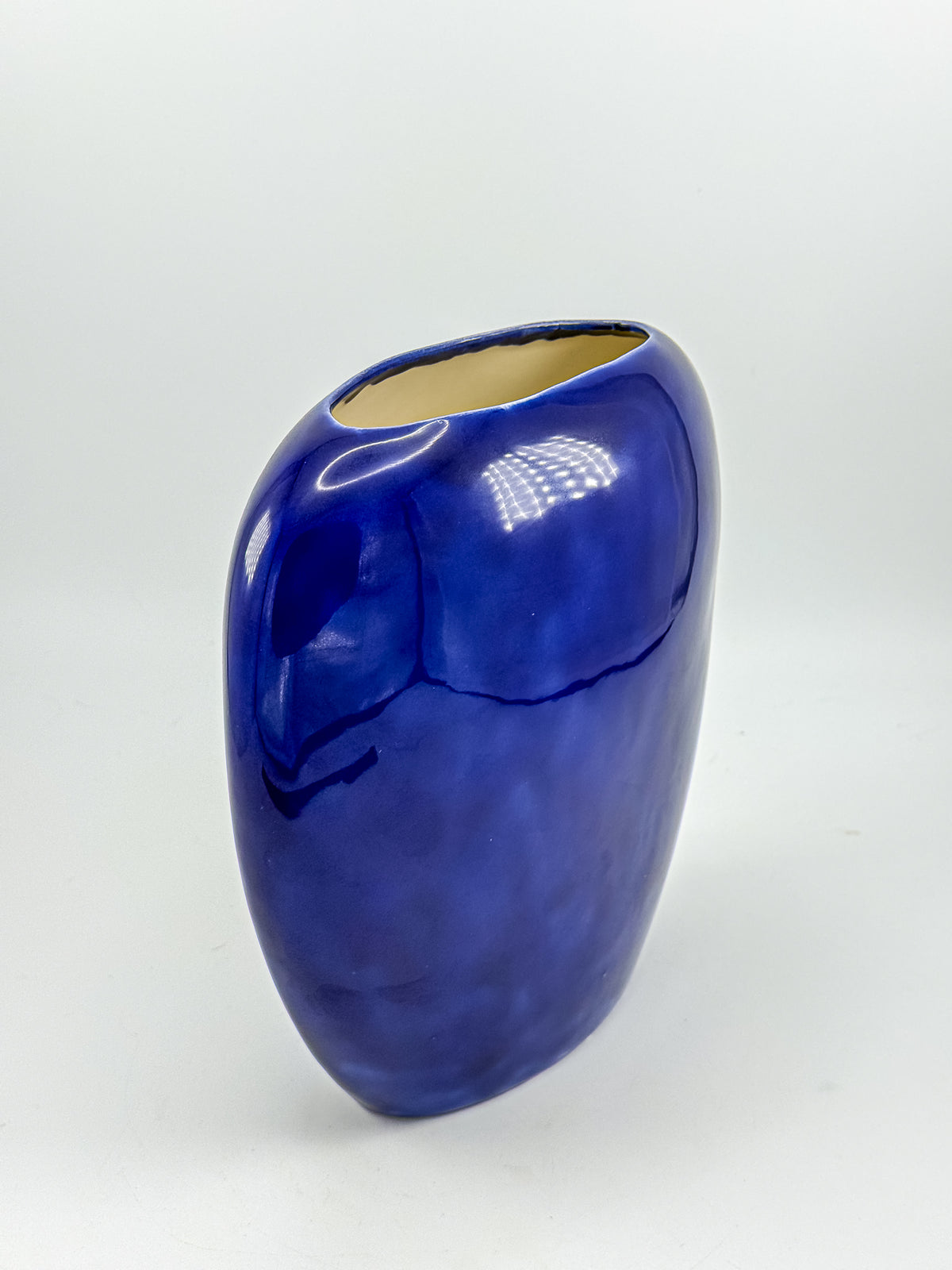 Cobalt Blue Ceramic Vase with Colorful Pheasant Birds and Flowers, Flattened Oval Chinoiserie-Inspired Decor