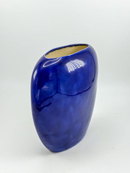 Cobalt Blue Ceramic Vase with Colorful Pheasant Birds and Flowers, Flattened Oval Chinoiserie-Inspired Decor