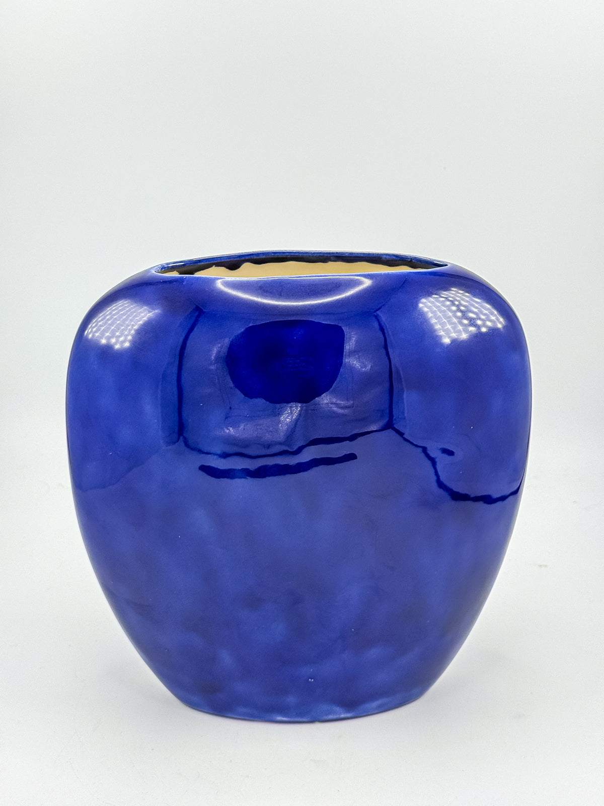 Cobalt Blue Ceramic Vase with Colorful Pheasant Birds and Flowers, Flattened Oval Chinoiserie-Inspired Decor