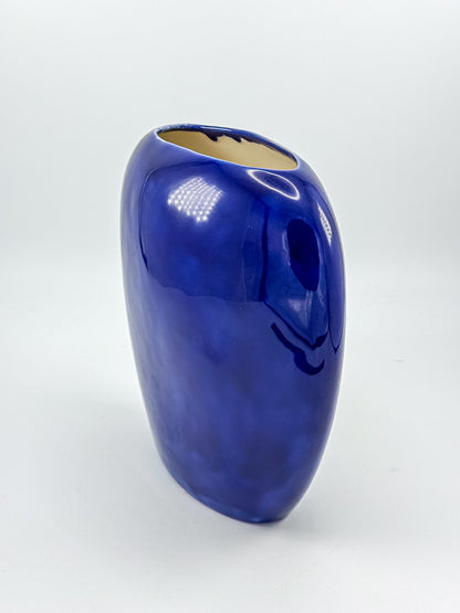 Cobalt Blue Ceramic Vase with Colorful Pheasant Birds and Flowers, Flattened Oval Chinoiserie-Inspired Decor