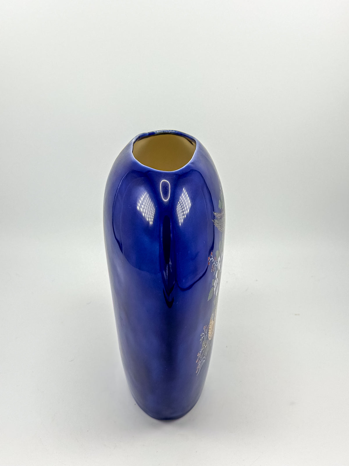 Cobalt Blue Ceramic Vase with Colorful Pheasant Birds and Flowers, Flattened Oval Chinoiserie-Inspired Decor