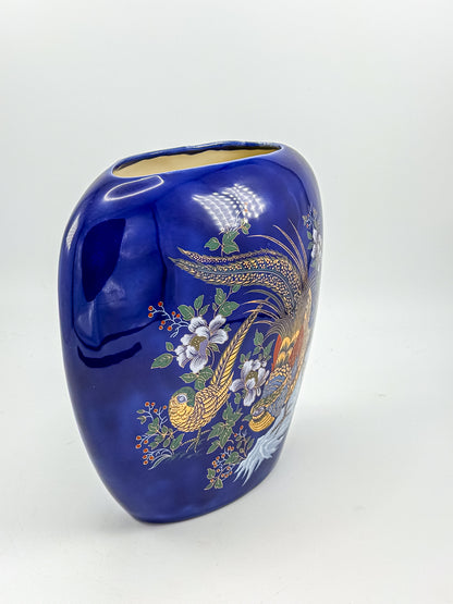 Cobalt Blue Ceramic Vase with Colorful Pheasant Birds and Flowers, Flattened Oval Chinoiserie-Inspired Decor