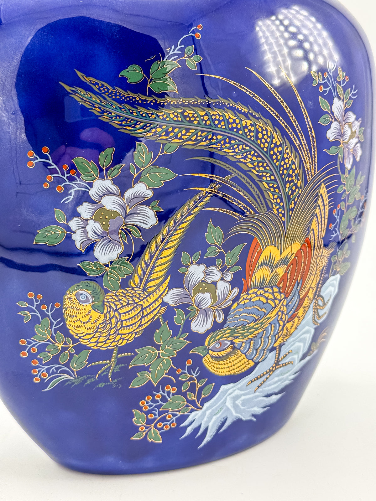 Cobalt Blue Ceramic Vase with Colorful Pheasant Birds and Flowers, Flattened Oval Chinoiserie-Inspired Decor