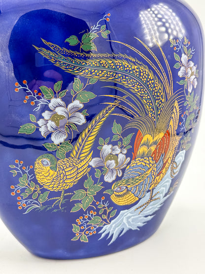 Cobalt Blue Ceramic Vase with Colorful Pheasant Birds and Flowers, Flattened Oval Chinoiserie-Inspired Decor