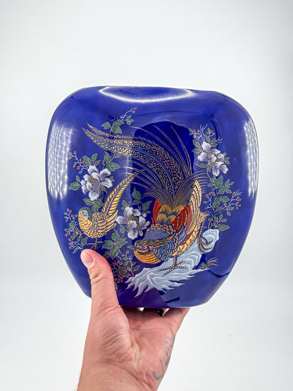 Cobalt Blue Ceramic Vase with Colorful Pheasant Birds and Flowers, Flattened Oval Chinoiserie-Inspired Decor