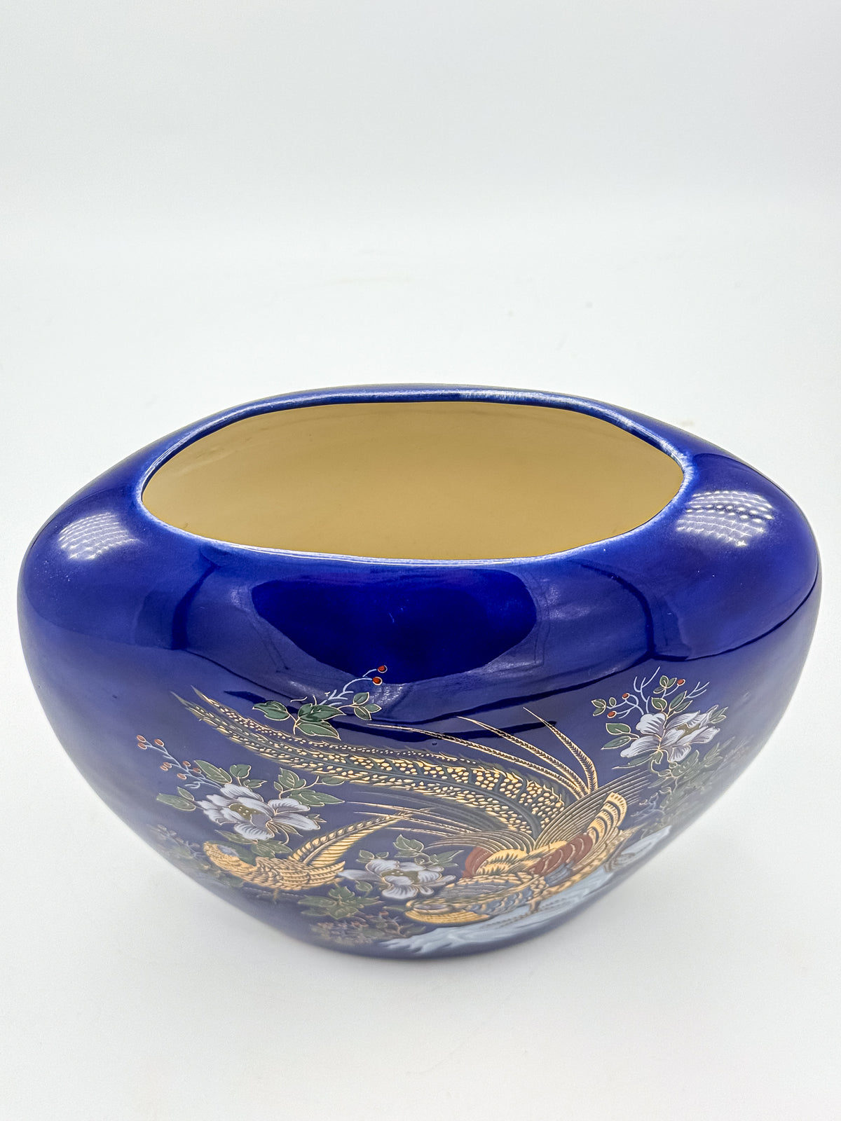 Cobalt Blue Ceramic Vase with Colorful Pheasant Birds and Flowers, Flattened Oval Chinoiserie-Inspired Decor