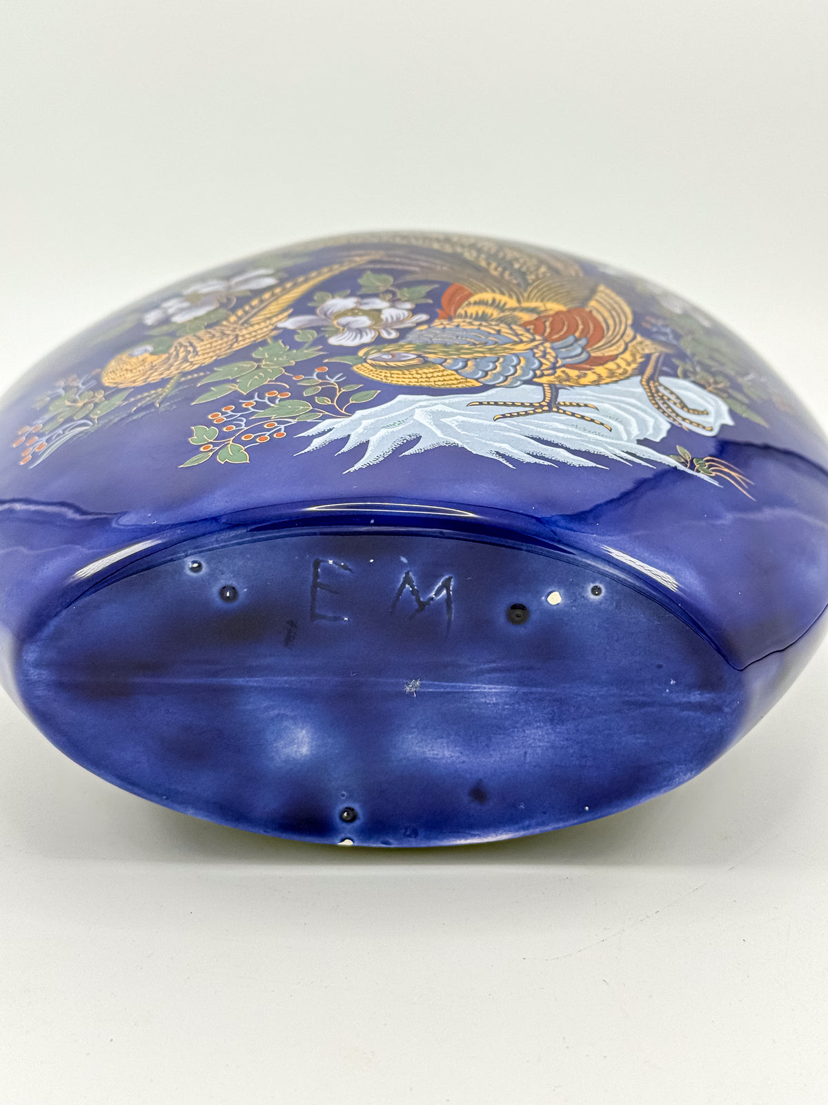 Cobalt Blue Ceramic Vase with Colorful Pheasant Birds and Flowers, Flattened Oval Chinoiserie-Inspired Decor