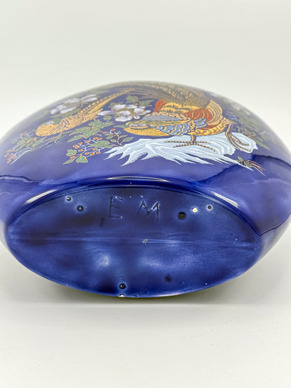 Cobalt Blue Ceramic Vase with Colorful Pheasant Birds and Flowers, Flattened Oval Chinoiserie-Inspired Decor