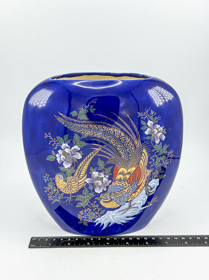 Cobalt Blue Ceramic Vase with Colorful Pheasant Birds and Flowers, Flattened Oval Chinoiserie-Inspired Decor
