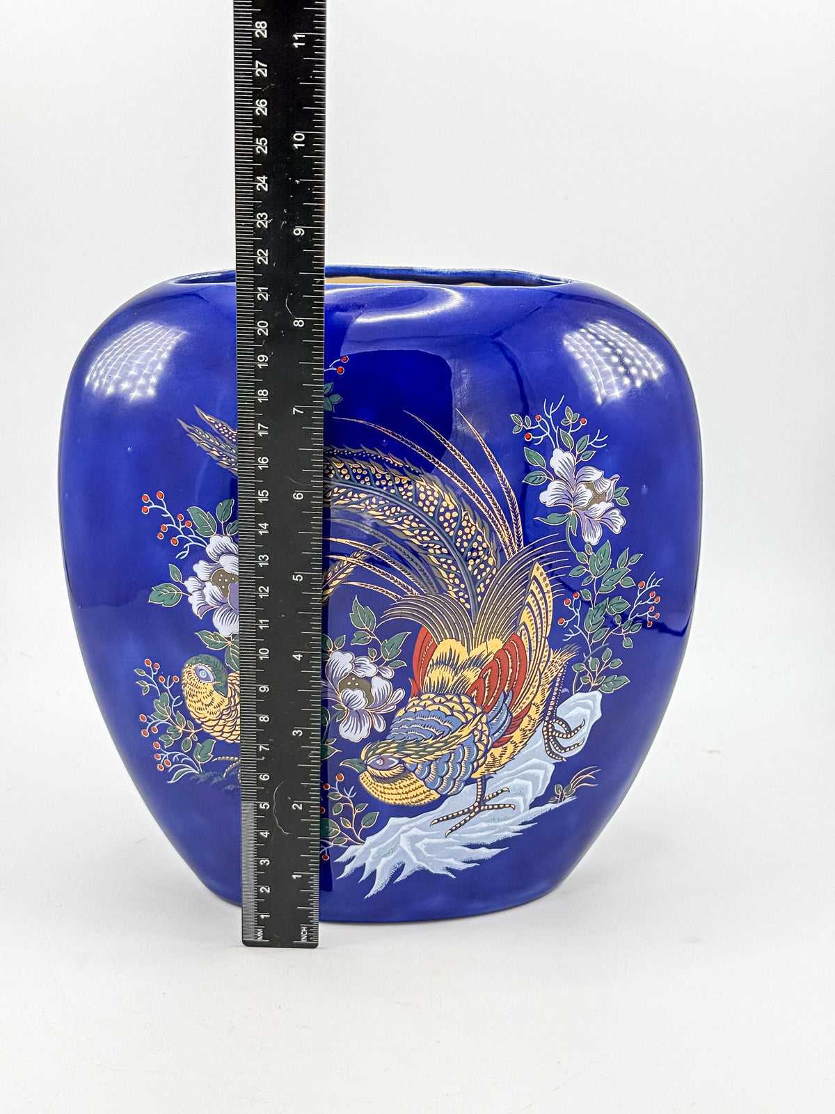 Cobalt Blue Ceramic Vase with Colorful Pheasant Birds and Flowers, Flattened Oval Chinoiserie-Inspired Decor
