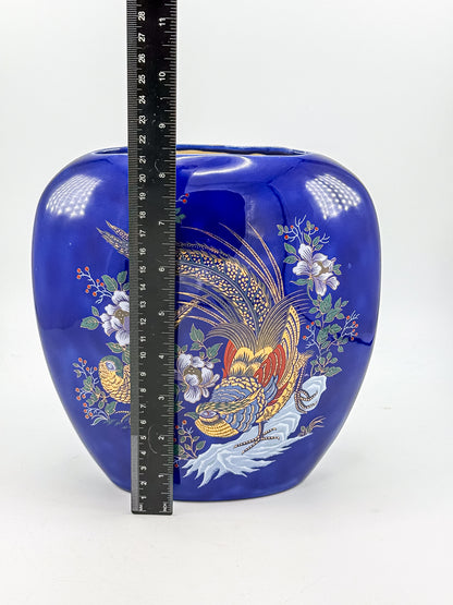 Cobalt Blue Ceramic Vase with Colorful Pheasant Birds and Flowers, Flattened Oval Chinoiserie-Inspired Decor