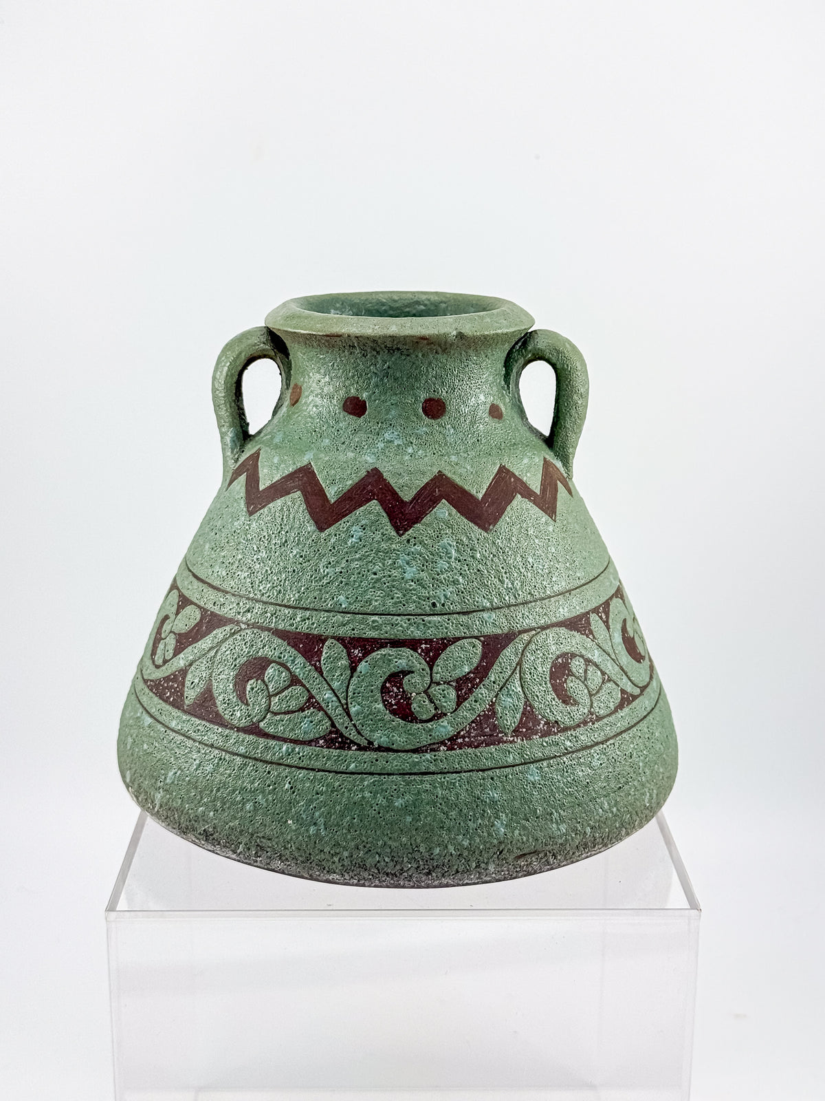 Sage Green Two-Handled Decorative Vase with Brown Scrollwork and Zigzag Detail, Rustic Mediterranean Decor