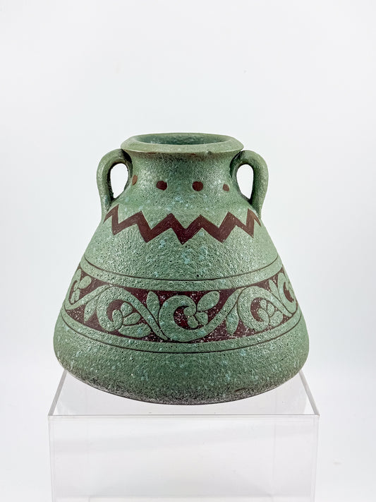 Sage Green Two-Handled Decorative Vase with Brown Scrollwork and Zigzag Detail, Rustic Mediterranean Decor