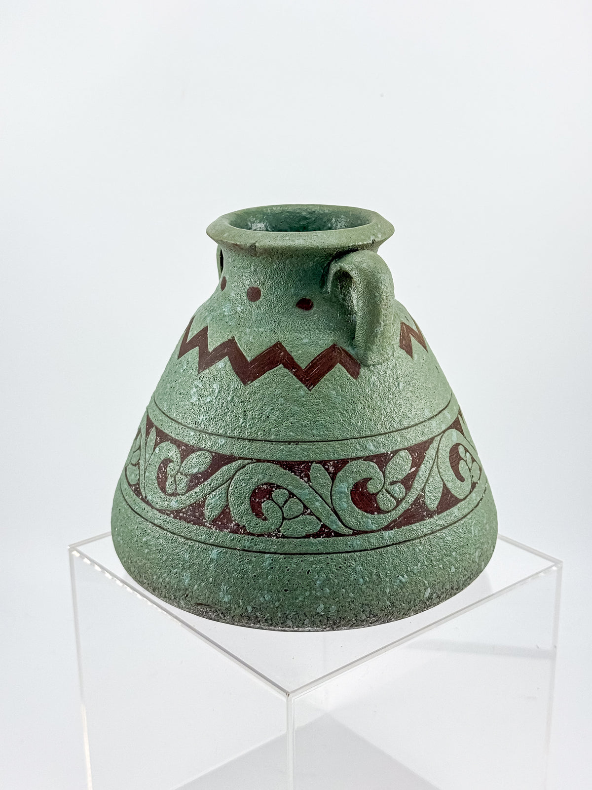 Sage Green Two-Handled Decorative Vase with Brown Scrollwork and Zigzag Detail, Rustic Mediterranean Decor