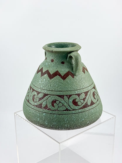 Sage Green Two-Handled Decorative Vase with Brown Scrollwork and Zigzag Detail, Rustic Mediterranean Decor